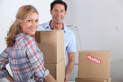 Packed office equipment and furniture ready for transport